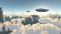 飞碟飞越了未来主义的大都市。日出