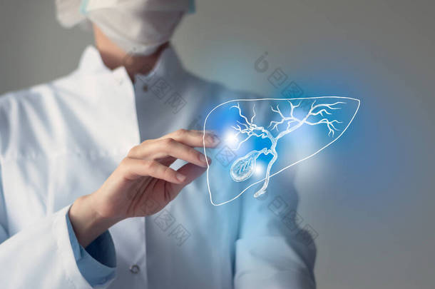 女医生用手触摸虚拟的Gall膀胱。模糊的照片，手绘的人体器官，突出蓝色作为康复的象征。保健医院服务概念库存照片