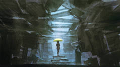 雨天，一个孤独的年轻女孩，手里拿着一把黄色的伞，站在一座废弃的建筑里，数字艺术风格，插图绘画