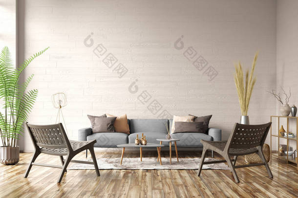 带有米黄色墙壁的公寓的现代内部。舒适的客厅，有灰色沙发，咖啡桌和蓝色扶手椅。当代家居设计。3d渲染