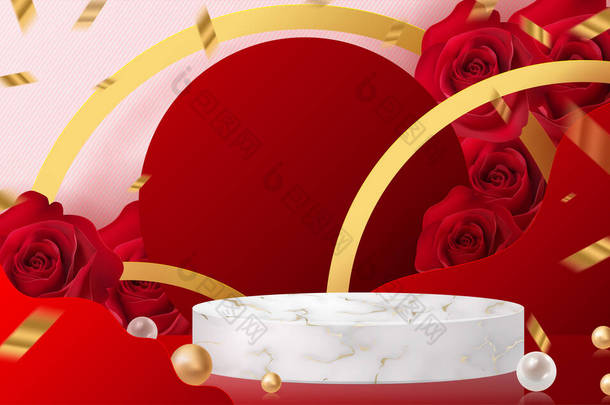 以红色玫瑰为背景的情人节颁奖台的背景产品。领奖台展示背景为工艺风格的化妆品.
