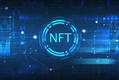 不可替换的图腾图标（NFT）和抽象线条的缩写，用深蓝色的霓虹灯绿色照明表示全息网络空间。3d渲染