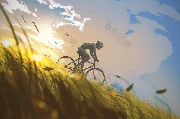 一个骑自行车下山的男人，数码艺术风格，绘画插图