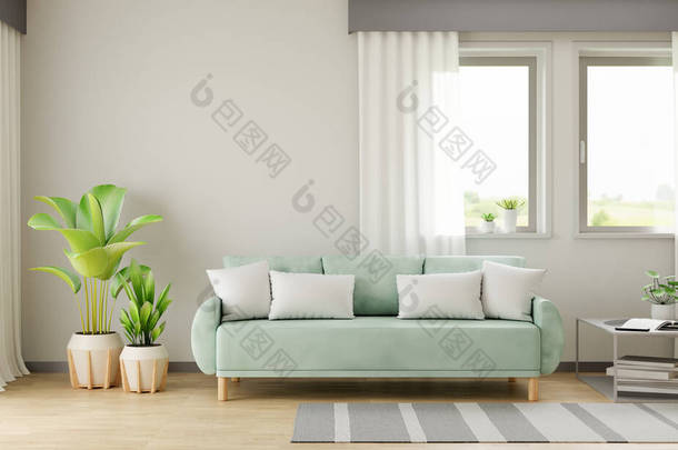 客厅内的<strong>绿色</strong>沙发，有空余<strong>空间</strong>，3D渲染