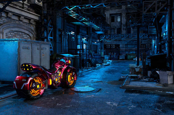 未来摩托车在黑暗凄凉的城市<strong>街道场景</strong>。赛博朋克概念3D演示.