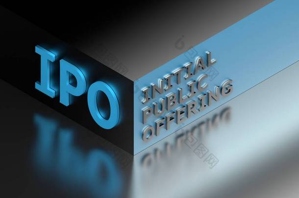 金融术语缩写IPO代表蓝色立方体角上的首次公开募股。3d说明.