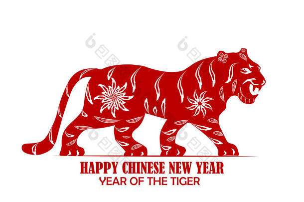 中国<strong>新年</strong>2022年的虎年红金花和亚洲<strong>元素</strong>剪纸以工艺风格为背景。（翻译：新的一年2022年，虎年） )