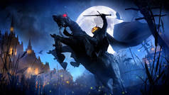 一个长着南瓜头的疯狂骑手，站在一匹红眼的马的背上，在一个巨大的月亮和美丽的沼泽与城堡的背景下挥动着一把剑