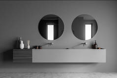 深灰色淋浴房墙壁上有双面的虚荣光和两面镜子，再加上混凝土地板。一个现代浴室室内设计的概念。3d渲染