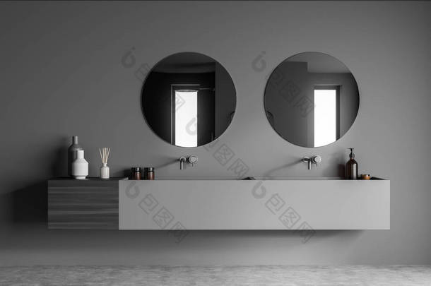 深灰色淋浴房墙壁上有双面的虚荣光和两面镜子，再加上混凝土地板。一个现代浴室室内设计的概念。3d渲染