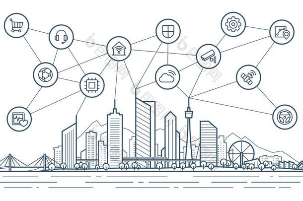 智能城市连接的概念。未来的技术景观中集成了细线图标.摘要病媒城镇.