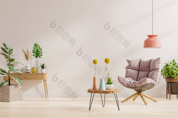 现代家居客厅的室内设计，扶手椅在明亮的白色空墙背景上。 3D渲染