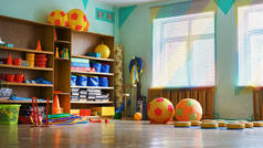 空荡荡的儿童教室，有运动器材和健身活动.