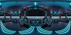 HDRI全景的深蓝色宇宙飞船内部与窗户。未来航天器机房三维绘制高分辨率360度全景反射绘图