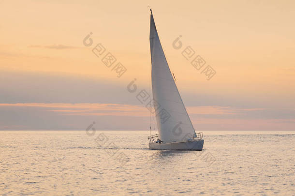 日落时,白色的小船在波罗的海航行.暴风雨过后天空晴朗,阳光金黄.交通、旅游、游轮、体育、娱乐、休闲活动、赛马场、赛马场