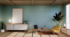 橱柜造型，最小薄荷客厅，折叠床地板和扶手椅设计。 3D渲染