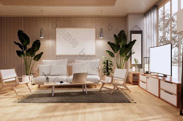 客厅里的橱柜，有折叠式<strong>垫子</strong>地板和沙发扶手椅设计。 3D渲染