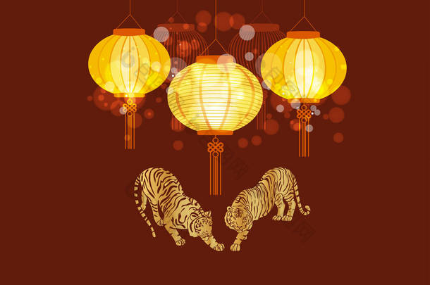 中国传统的黄色灯笼，为2022年中国新年装饰。虎年