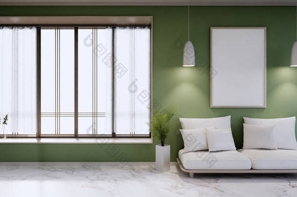 简约内饰，索法家具和植物，现代绿色房间设计。 3D渲染