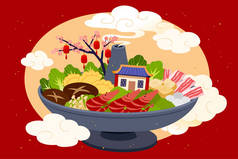 一个有多种新鲜配料的大火锅。适用于团圆饭、朋友会或冬至庆祝会的亚洲菜 