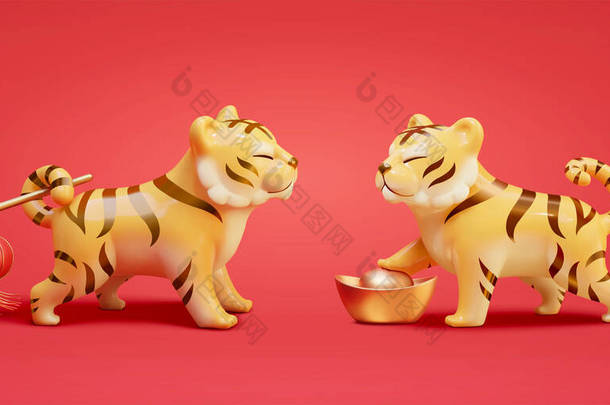 3D<strong>虎</strong>角色设计。一个红色灯笼在尾巴和一个步进的金锭。适于2022年中国<strong>新年</strong>黄道带装饰.