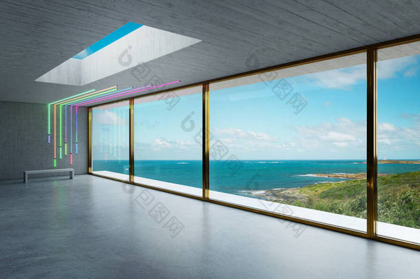 具有美丽海岸景观的现代未来阁楼<strong>室内设计</strong>的3D渲染