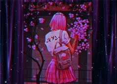 有粉色头发、背包和藏红花背景裙子的模拟女孩.