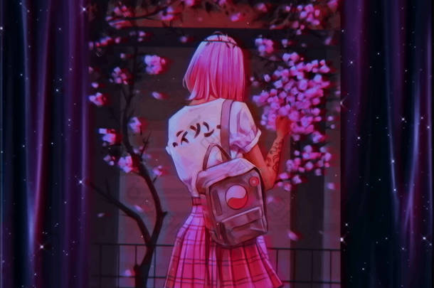 有粉色头发、背包和藏红花背景裙子的模拟女孩.