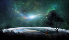 可爱的小女孩穿着衣服在五彩斑斓的星云下与树木和星球同行。美国宇航局提供的元素。3D渲染