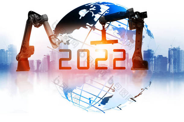 2022年的科技与世界和机器人学机器。因城市背景而被隔离。2022年概念构想技术年.