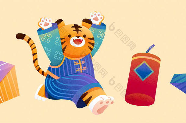 2022 CNY elements.图上老虎身穿中国服装，双手高高地跑着，带条纹的礼品盒和在卡其布背景上隔绝的鞭炮装饰