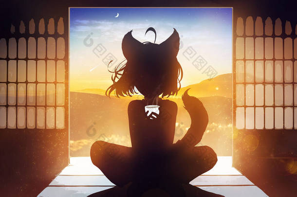 一个长着耳朵和尾巴、形似动画的<strong>可爱猫</strong>女郎的相貌，她正坐在一幢日本房子的门口，背靠着雾气和星星的美丽黎明