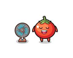可爱的西红柿正站在扇子前，可爱的图案