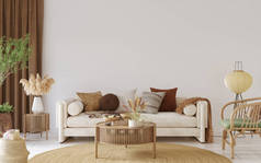 室内模拟与舒适的沙发白色墙壁背景，3D渲染