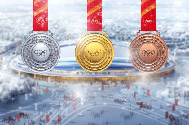 奥林匹克体育场国家速滑馆冰带奖牌奖杯剪影。2022年北京冬季奥运会或冬季锦标赛、锦标赛的背景照片. 