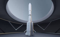 一枚火箭在一个圆形房间里，3D渲染。计算机数字绘图.