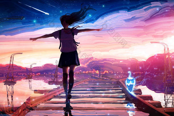 一个年轻的日本女学生沿着旧铁轨走着，紧跟在她身边的是一只<strong>蓝色</strong>的猫，在<strong>星空</strong>的落日后面，反映在水面上。2d石油艺术