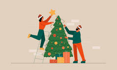 女孩和男人装饰圣诞树的平面插图