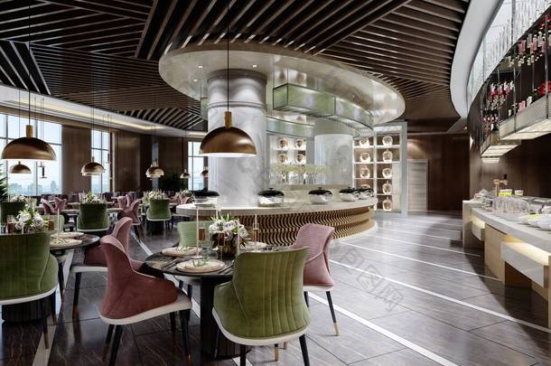 <strong>餐厅</strong>的设计风格为现代风格，天花板上有木制的pergola，有自助餐区、彩色<strong>椅</strong>子和黑色大理石地板。3D渲染.