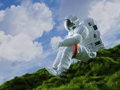 宇航员在草地上。