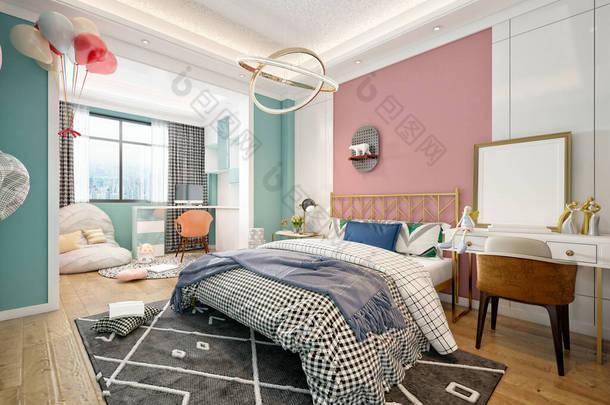 3d render of modern bedroom, king bed