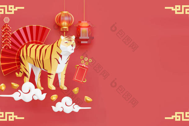 中国虎年复刻空间3D渲染画图由灯笼、爆竹、扇子、黄金、云彩、信封和老虎组成.