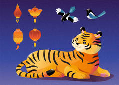 Cute illustrations of tiger, magpie birds and lanterns, CNY elements isolated on night blue backgrou