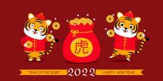 set of tiger cubs in traditional Chinese costume with gold money. happy chinese new year. greeting c