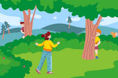 Children play in hide and seek game in forest background. Boys peeking from trees and hide, girl cat