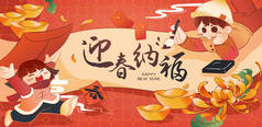 Creative Spring Festival illustration with girl holding red envelope and boy writing greeting callig