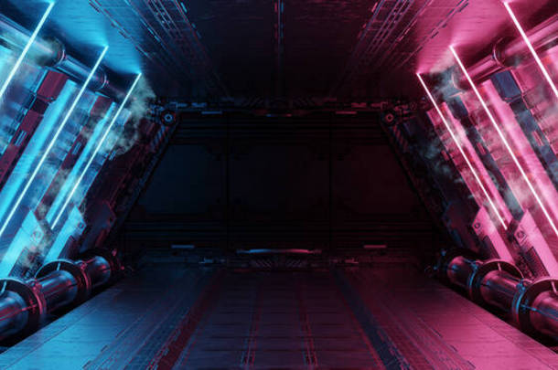 蓝色和粉色宇宙飞船内部，面板<strong>墙</strong>壁上有霓虹灯。空间站背景下的未来派现代走廊。3d渲染