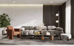 Stylish living room interior with design furnitre and elegant accessories, 3d render