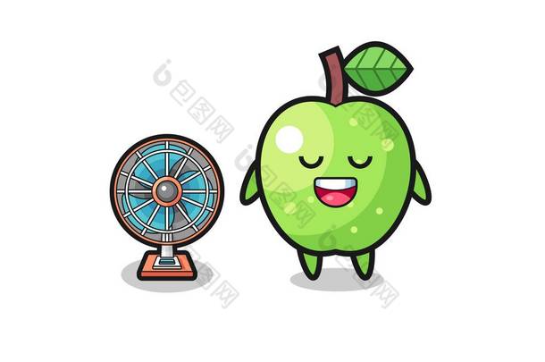 cute green <strong>apple</strong> is standing in front of the fan , cute design