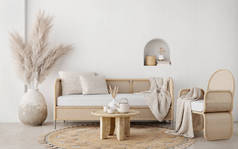 Boho style living room with wicker chair,sofa,table and pampas in the pot on white wall background.3